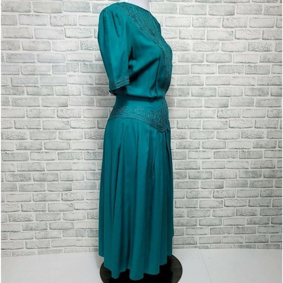 Vintage 80s Sarah Elizabeth Green Embroidery Secretary Midi Dress Short Sleeves - Picture 7 of 10
